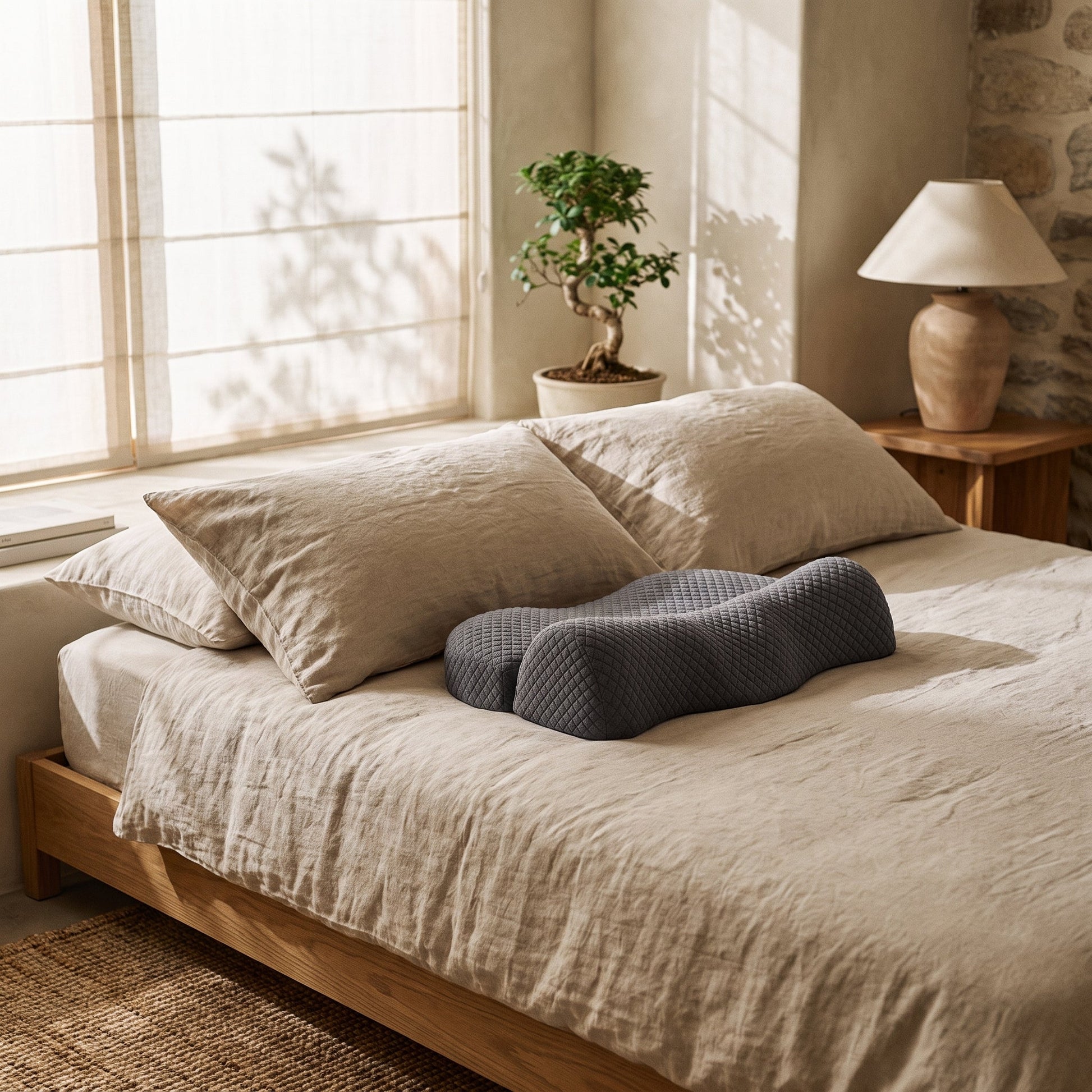 Curve™ Cervical Relief Pillow — true 39 cm size on the bed in a warm Calm Eden-style bedroom