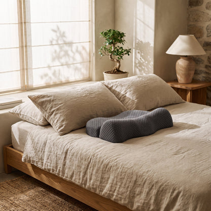 Curve™ Cervical Relief Pillow — true 39 cm size on the bed in a warm Calm Eden-style bedroom