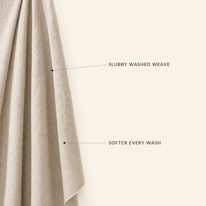 Flax linen callout: slubby washed weave, softer every wash