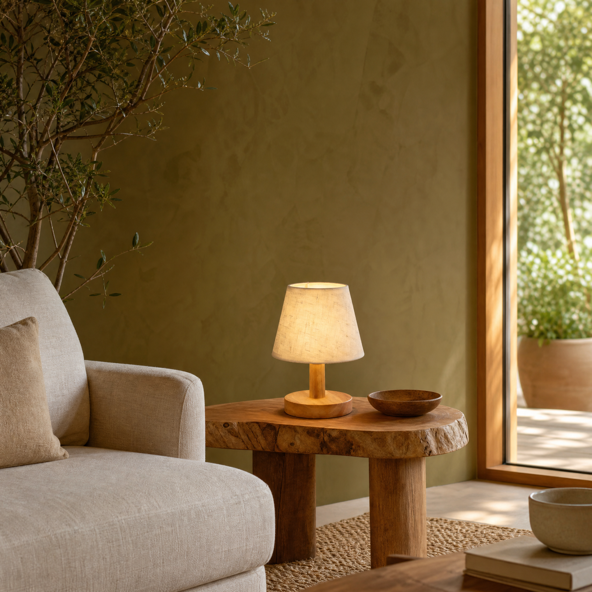 Glow lamp on live-edge side table beside linen sofa and olive wall