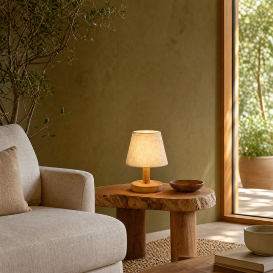 Glow lamp on live-edge side table beside linen sofa and olive wall