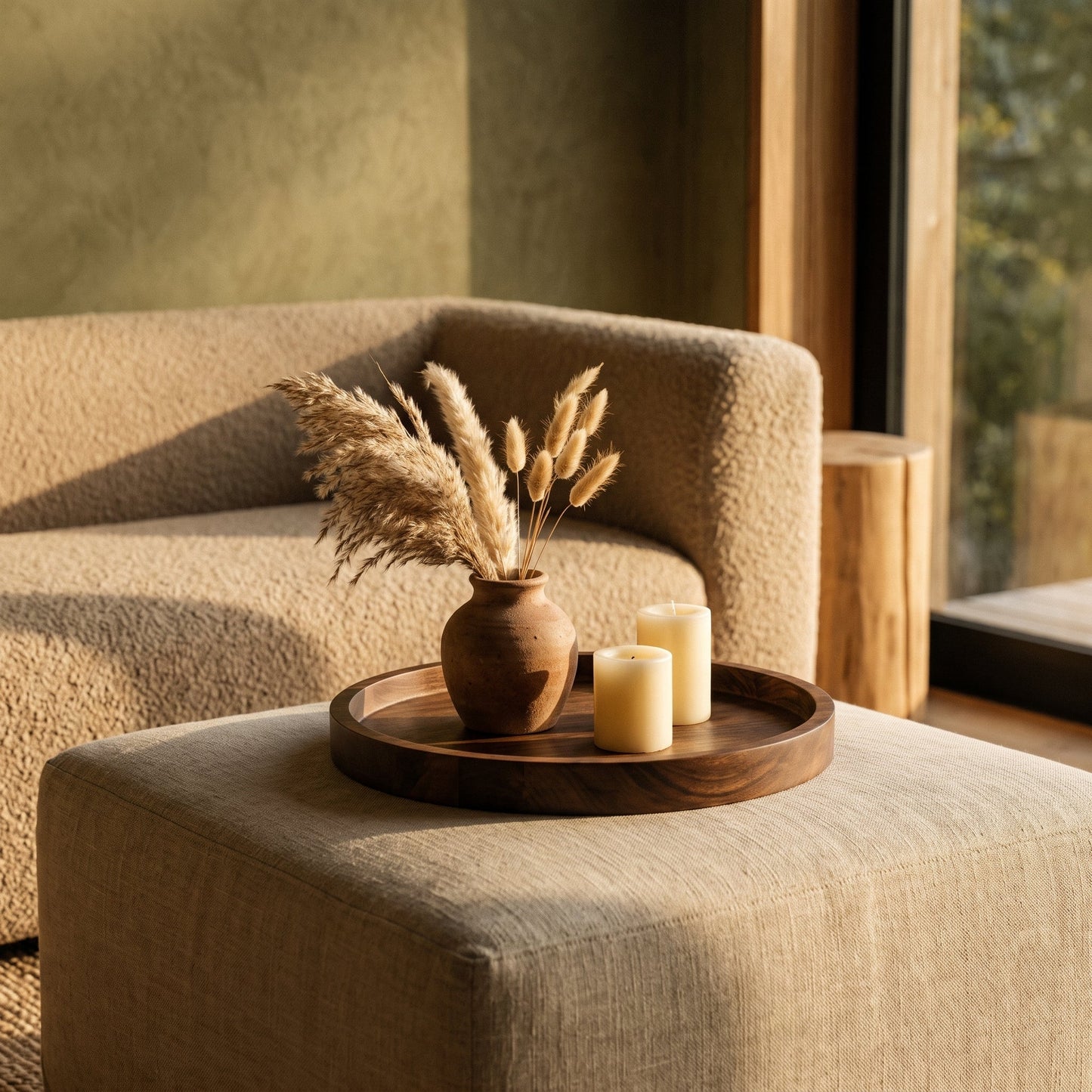 Timber™ Round Serving Tray styled with vase and candles on a linen ottoman