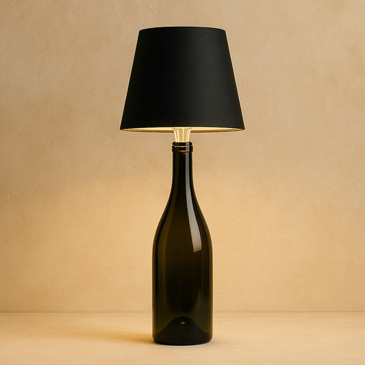 Cork bottle lamp mockup on warm limewash plaster