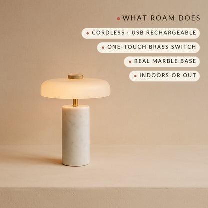 What Roam does: cordless USB rechargeable, one-touch brass switch, real marble base, indoors or out