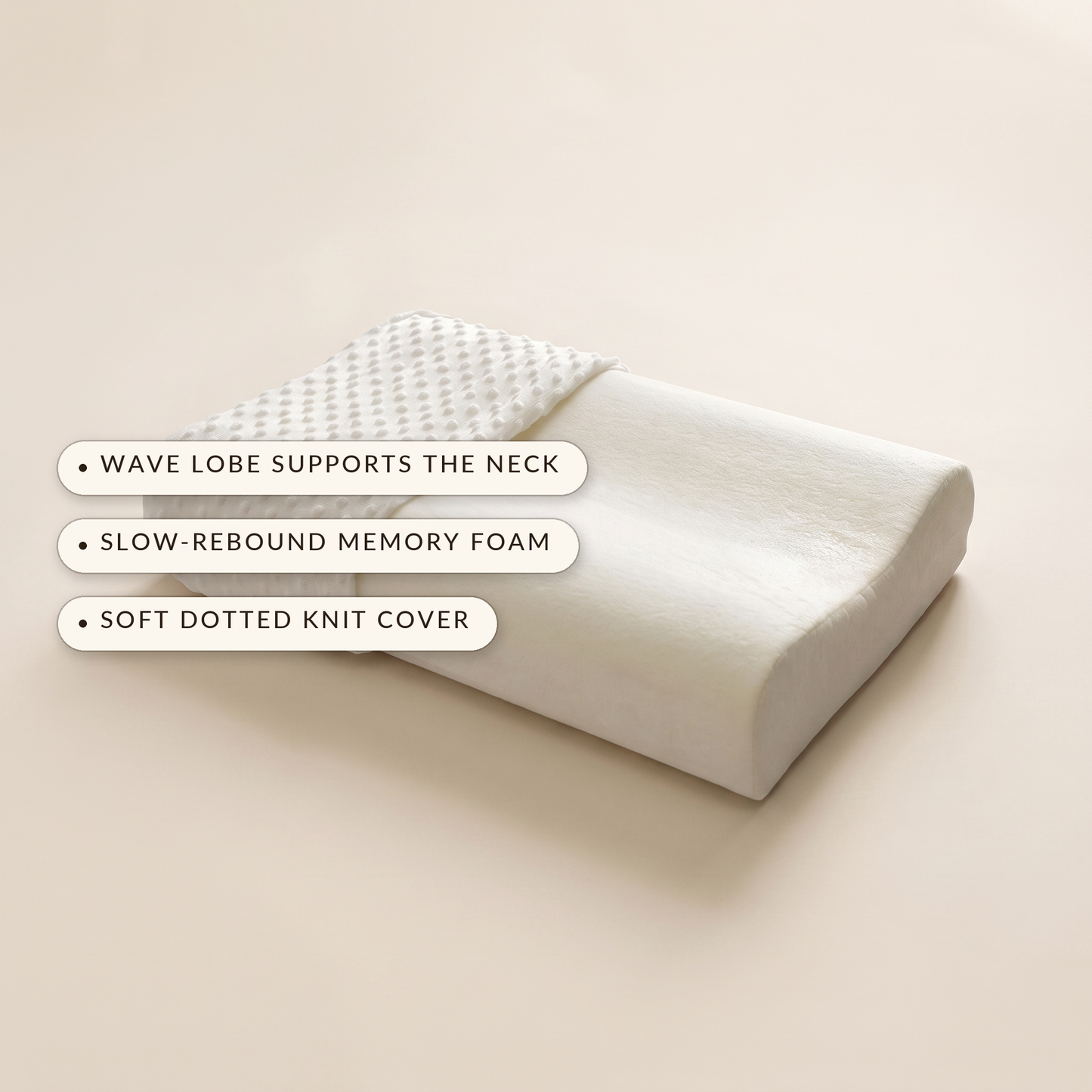 Wave™ Contour Memory Pillow — wave lobe supports the neck, slow-rebound memory foam, soft dotted knit cover