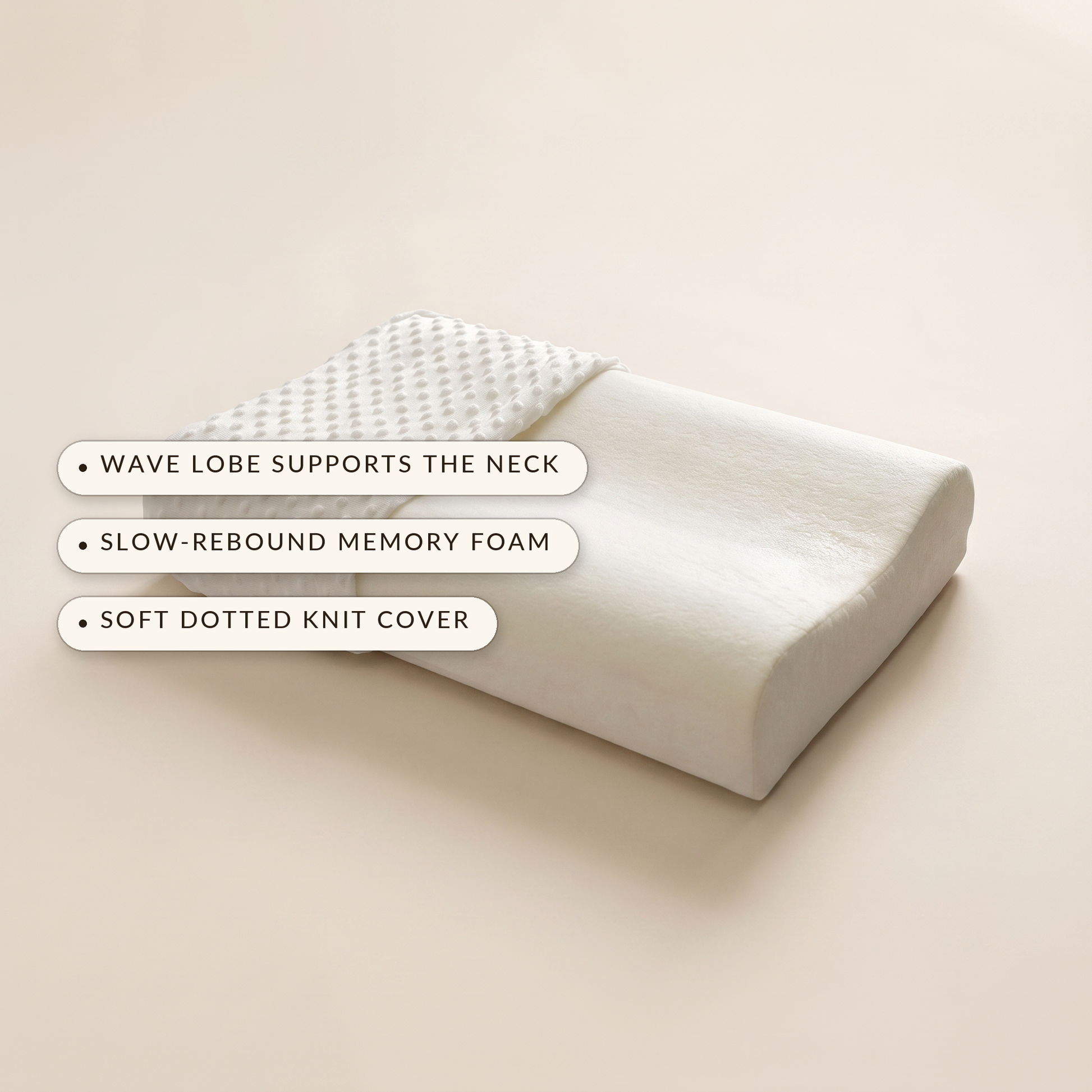 Wave™ Contour Memory Pillow — wave lobe supports the neck, slow-rebound memory foam, soft dotted knit cover