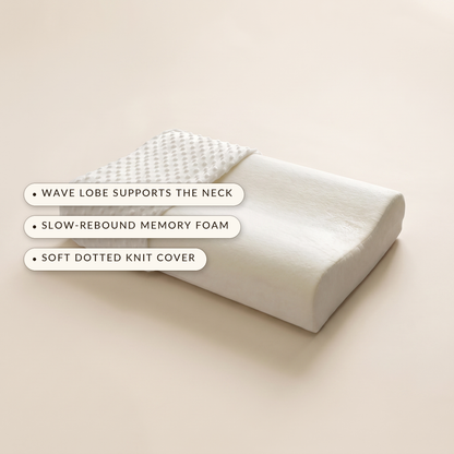 Wave™ Contour Memory Pillow — wave lobe supports the neck, slow-rebound memory foam, soft dotted knit cover