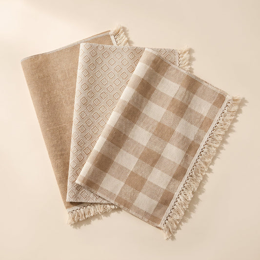 Hem™ Fringed Linen Placemat — Solid, Fine Check and Wide Check weaves on warm cream background