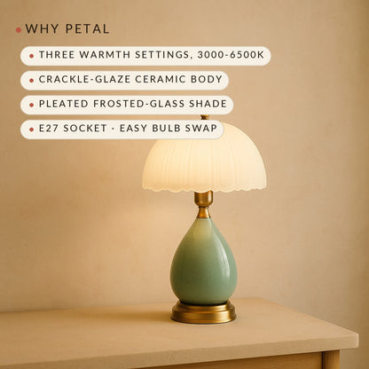 Why Petal: three warmth settings 3000-6500K, crackle-glaze ceramic, pleated glass shade, E27 bulb