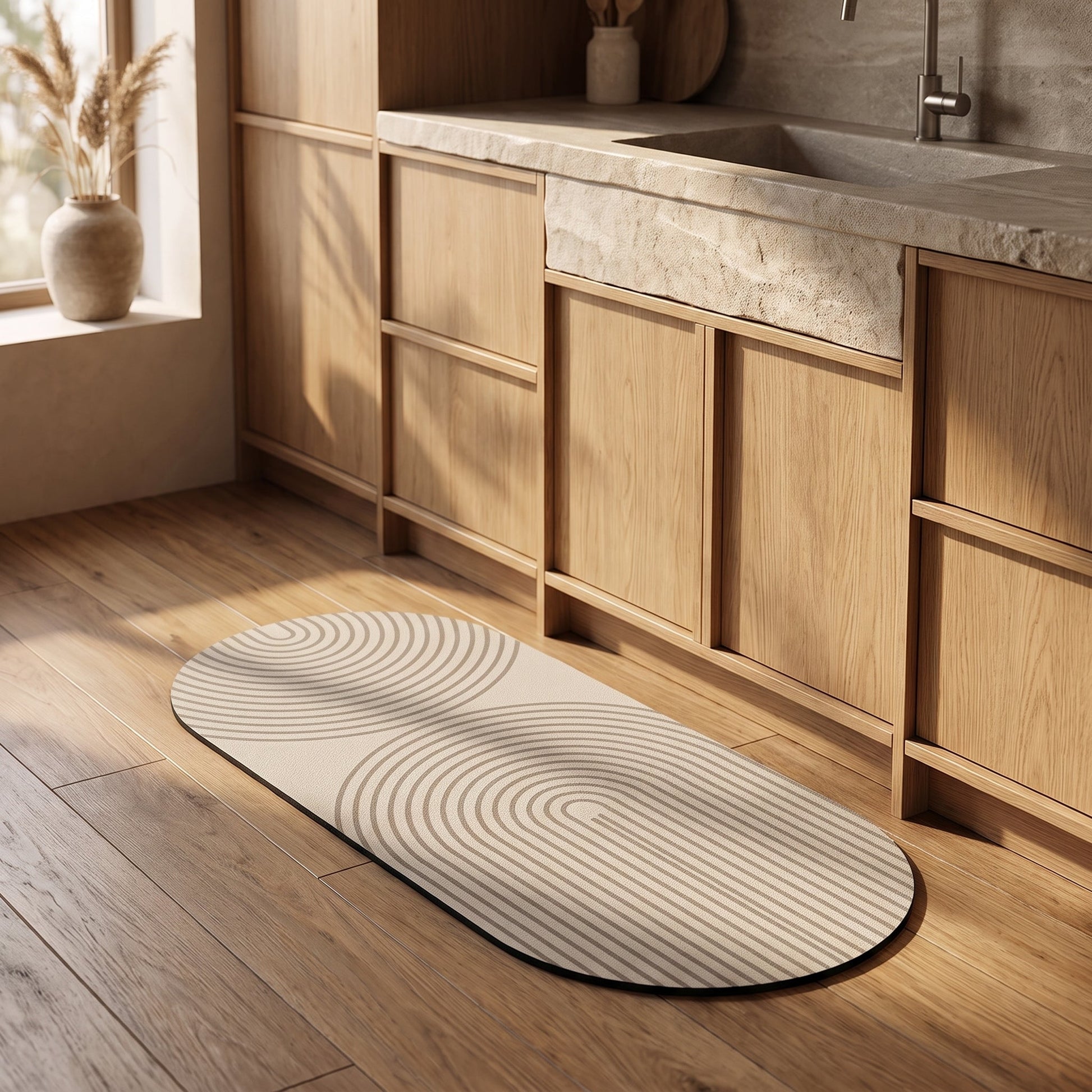 Stone™ Quick-Dry Kitchen Mat in front of the oak cabinetry in a warm Calm Eden-style kitchen