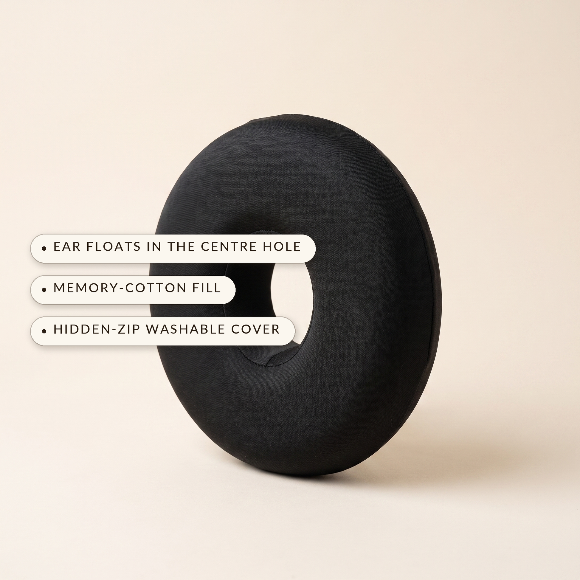Ring™ Ear Relief Pillow — ear floats in the centre hole, memory-cotton fill, hidden-zip washable cover
