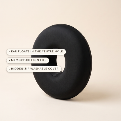 Ring™ Ear Relief Pillow — ear floats in the centre hole, memory-cotton fill, hidden-zip washable cover