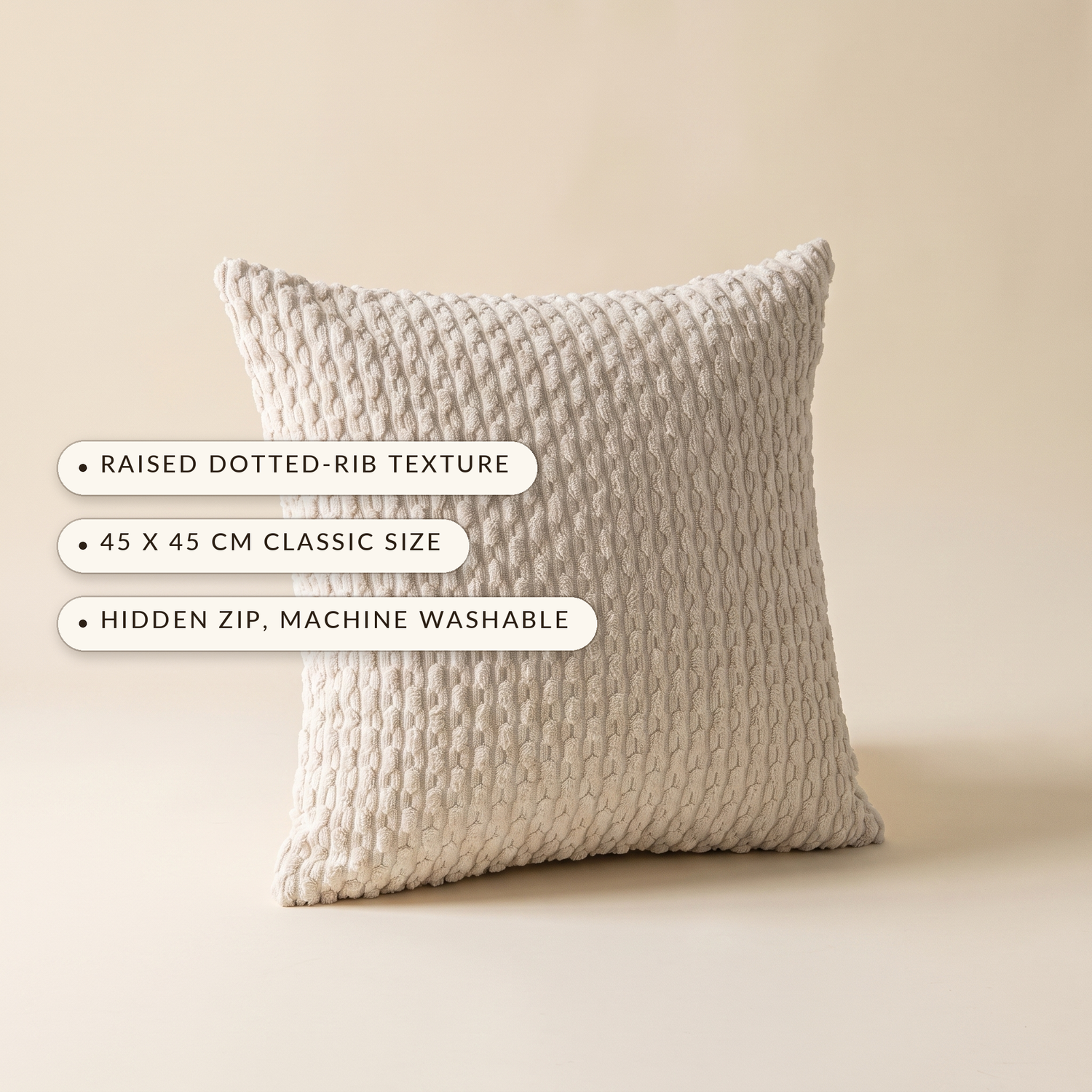 Weave™ Textured Cushion Cover — raised dotted-rib texture, 45 x 45 cm, hidden zip machine washable