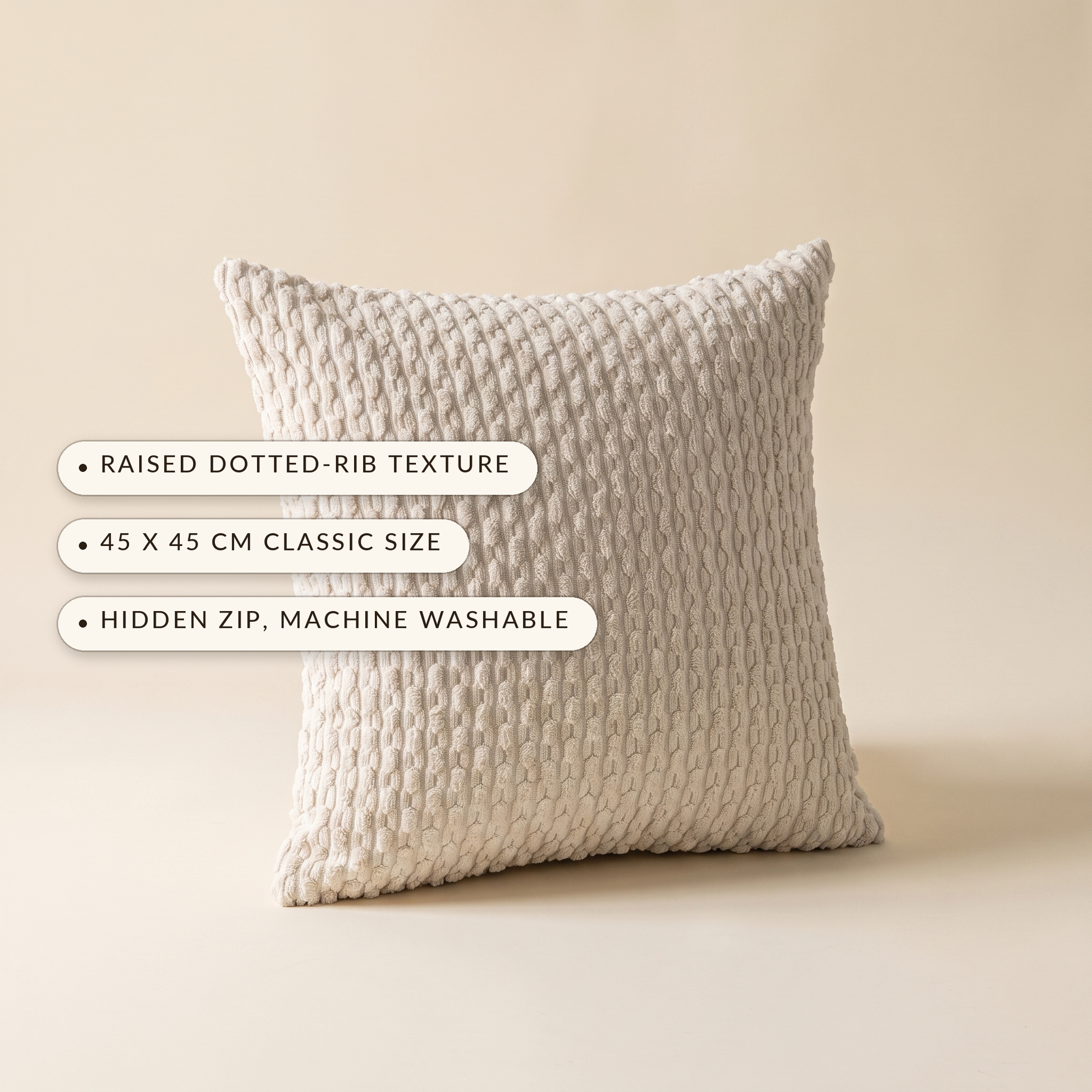 Weave™ Textured Cushion Cover — raised dotted-rib texture, 45 x 45 cm, hidden zip machine washable