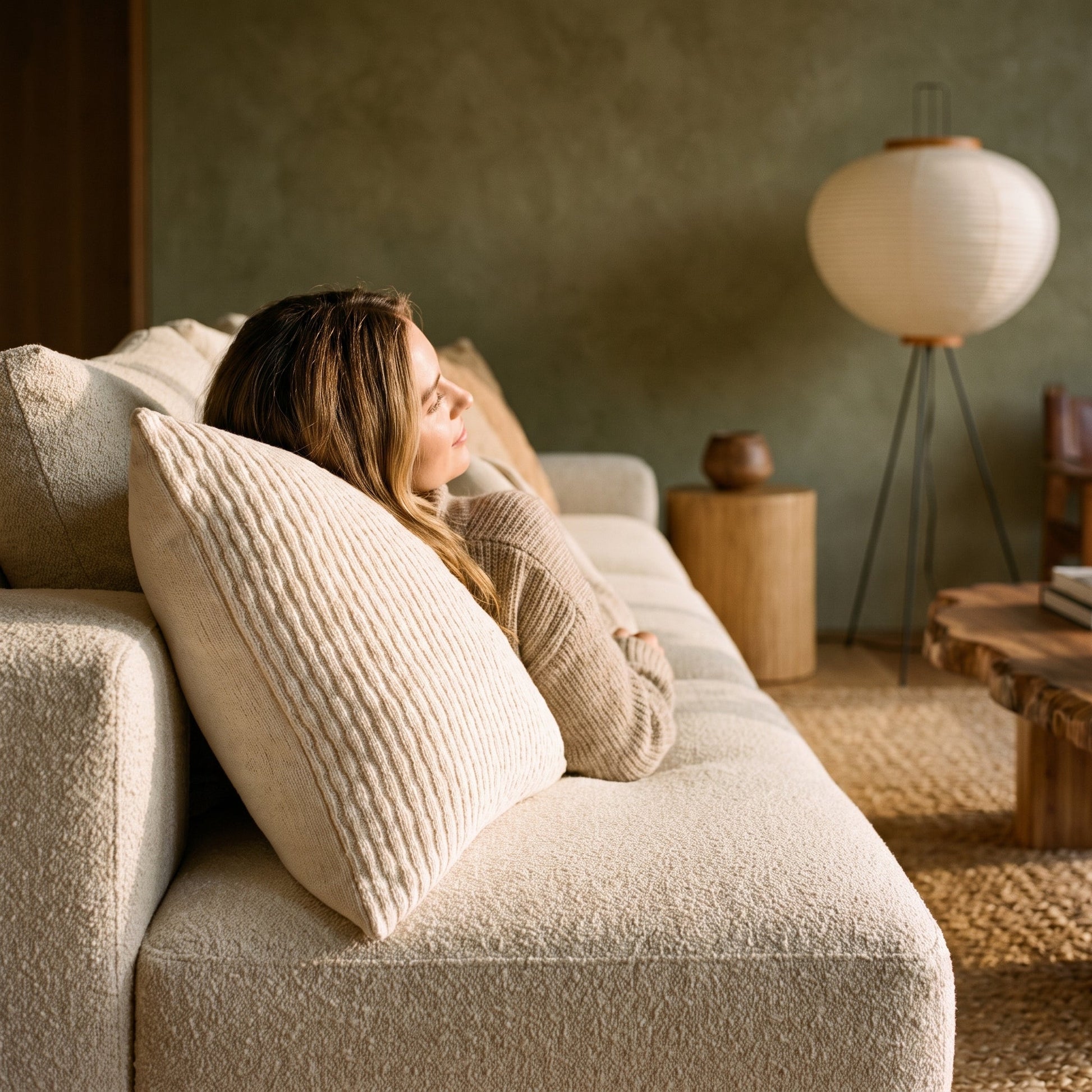 Lounging on the sofa against the ivory Weave™ Textured Cushion