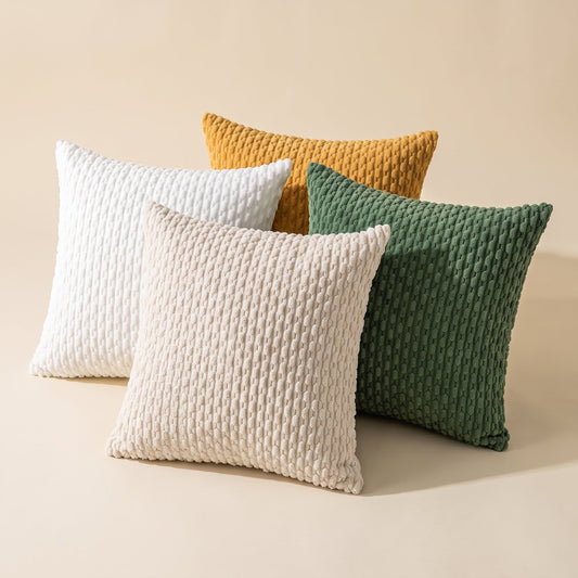 Weave™ Textured Cushion Cover — ivory, white, ochre and forest cushions on warm cream background
