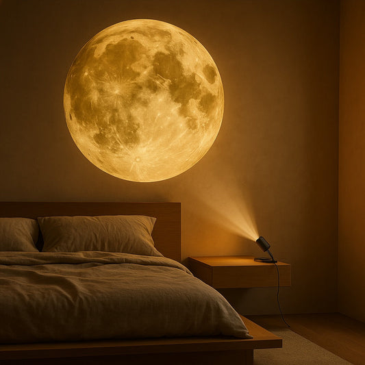 Orbit projecting a metre-wide moon above a Japandi oak bed