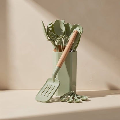 12-piece silicone spatula and soup spoon kitchen utensil set with wood handles