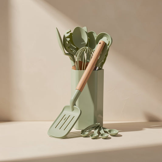 12-piece silicone spatula and soup spoon kitchen utensil set with wood handles
