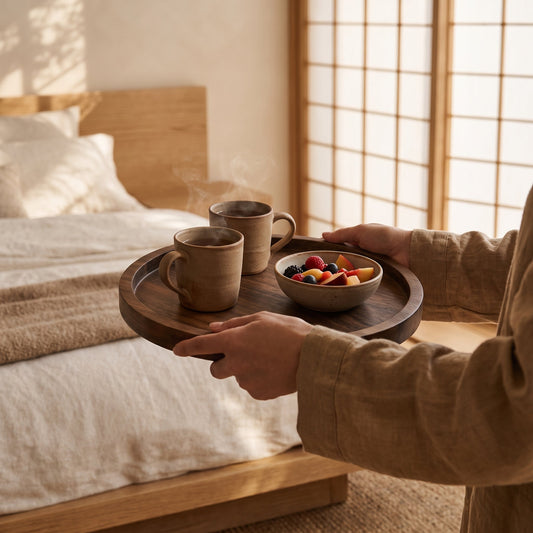 Carrying breakfast to bed on the Timber™ Round Serving Tray