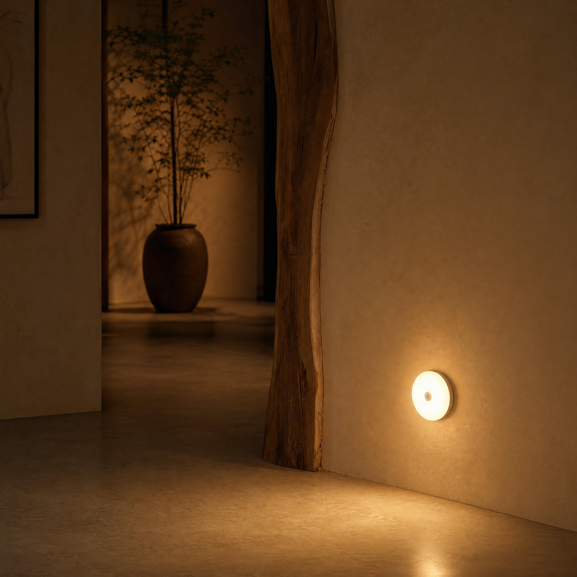 Halo night light pooling warm light in a dark hallway