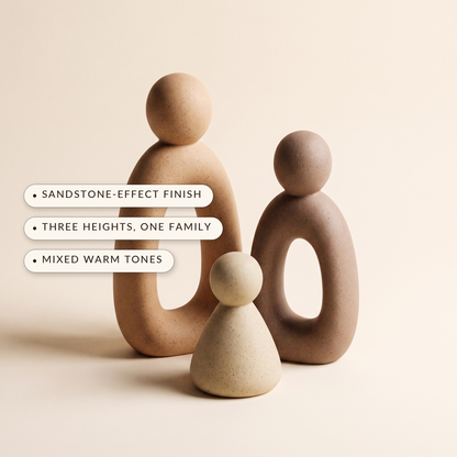 Kin™ Family Sculpture Set — sandstone-effect finish, three heights one family, mixed warm tones