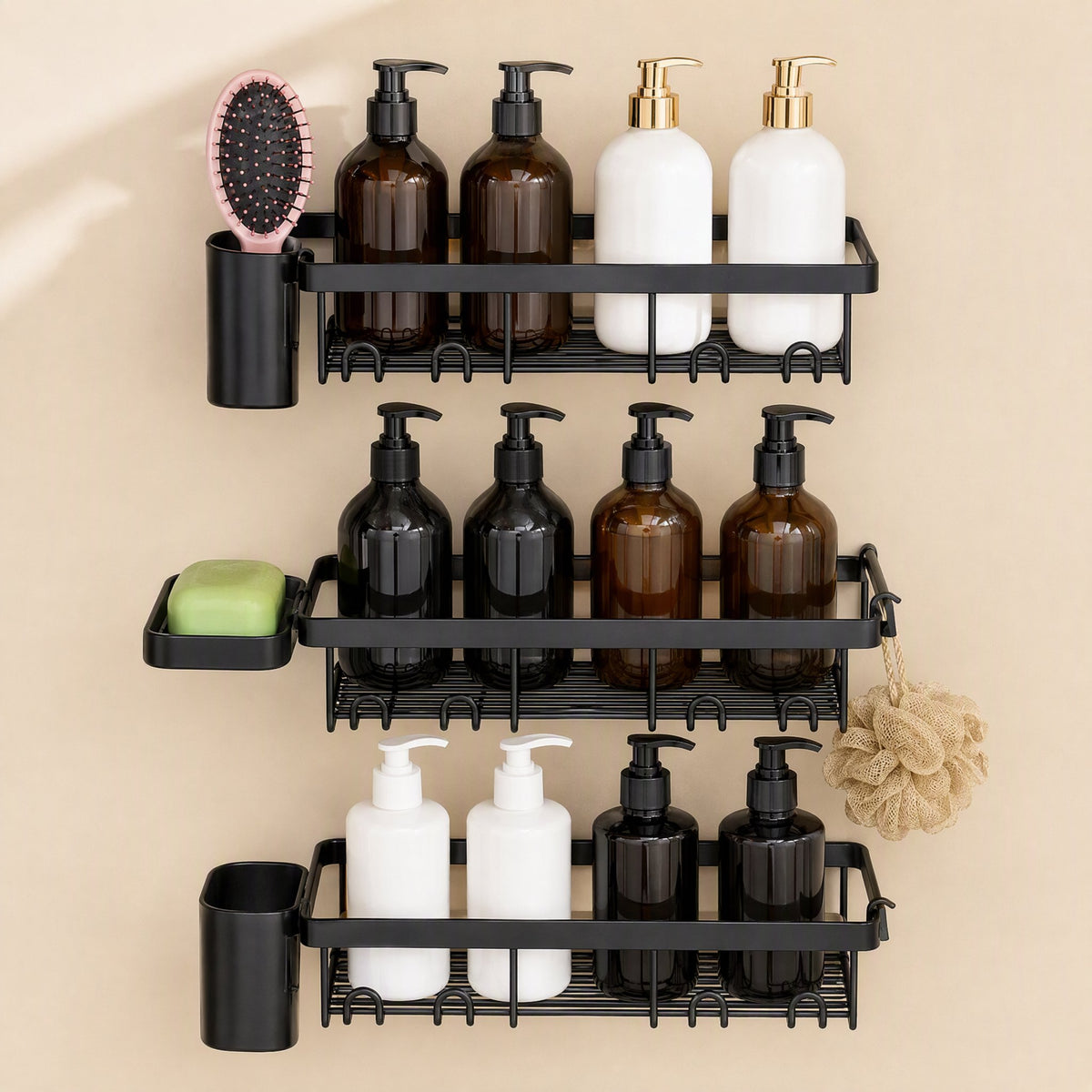 Iron bathroom storage rack with four hooks and three layers - view 4