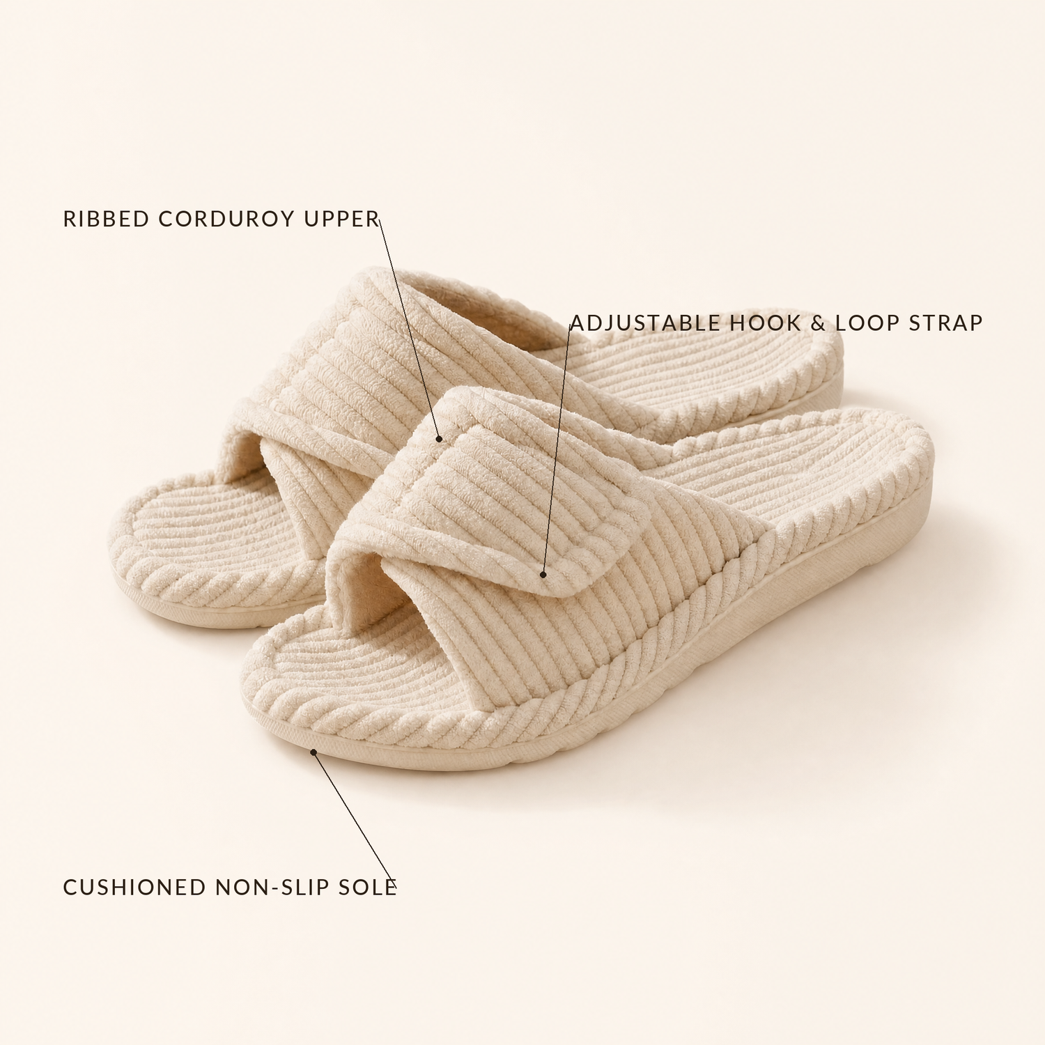 Stroll slipper features: corduroy upper, adjustable strap, non-slip sole