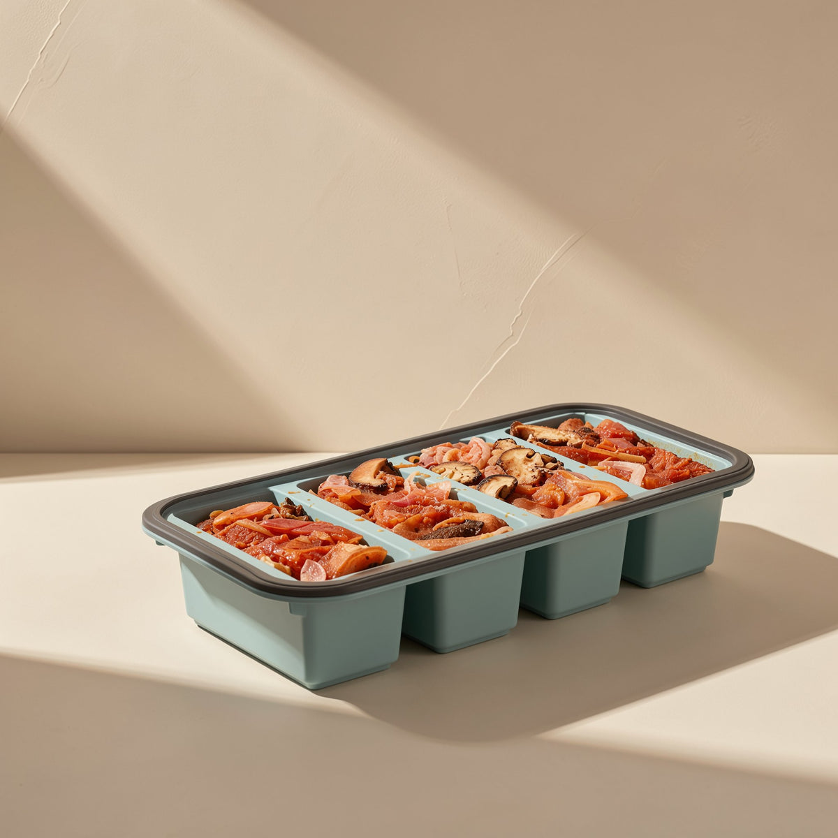 Rectangular silicone food storage container with divided compartments