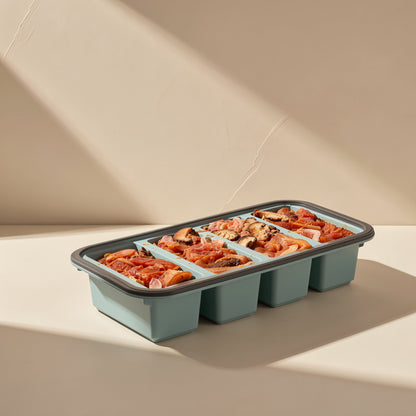 Rectangular silicone food storage container with divided compartments