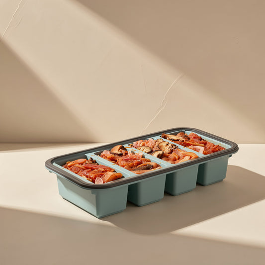 Rectangular silicone food storage container with divided compartments