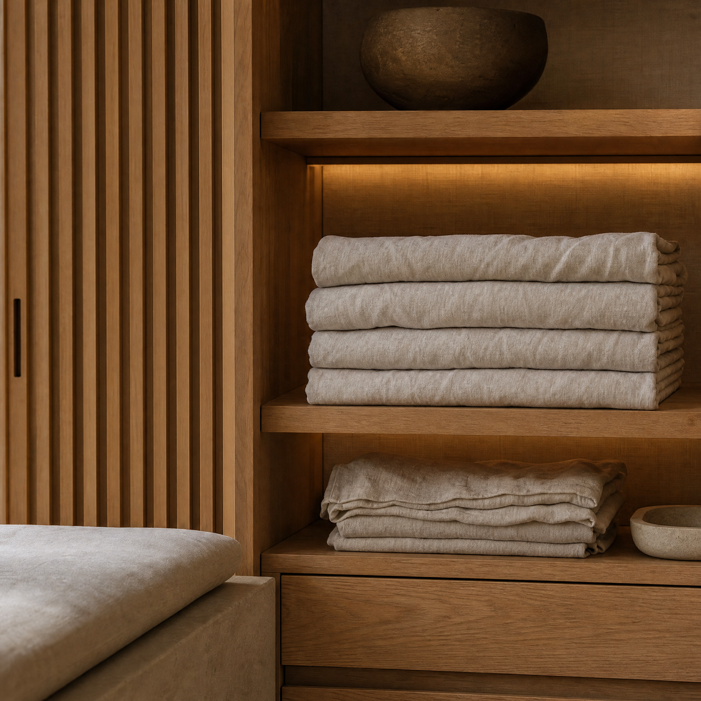 Folded Flax oat linen sheets on oak closet shelf with warm LED glow