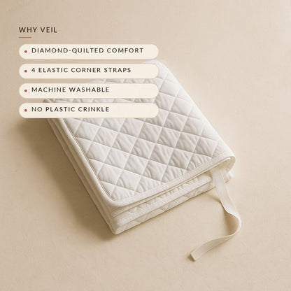 Why Veil: diamond-quilted comfort, corner straps, machine washable, no crinkle
