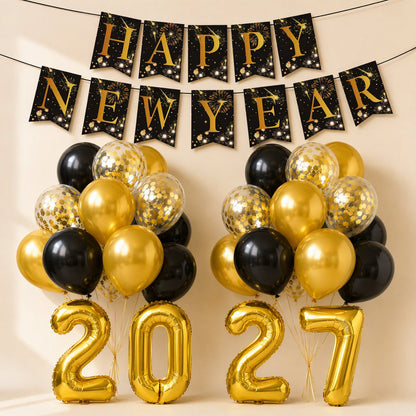 Mixed-color New Year party decorations with black and gold latex balloons
