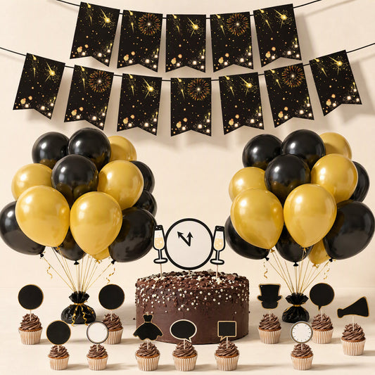 Mixed-color New Year party decorations with black and gold latex balloons - view 2