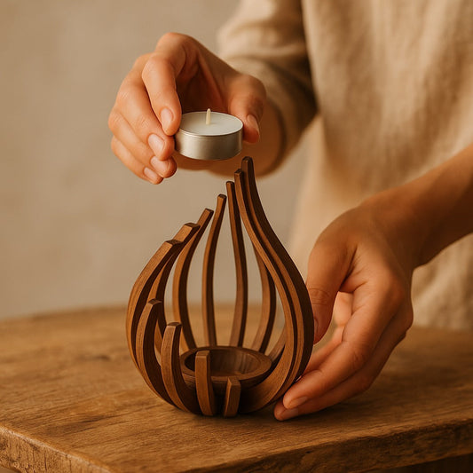Hands lowering a tealight into the Flare holder's centre cradle