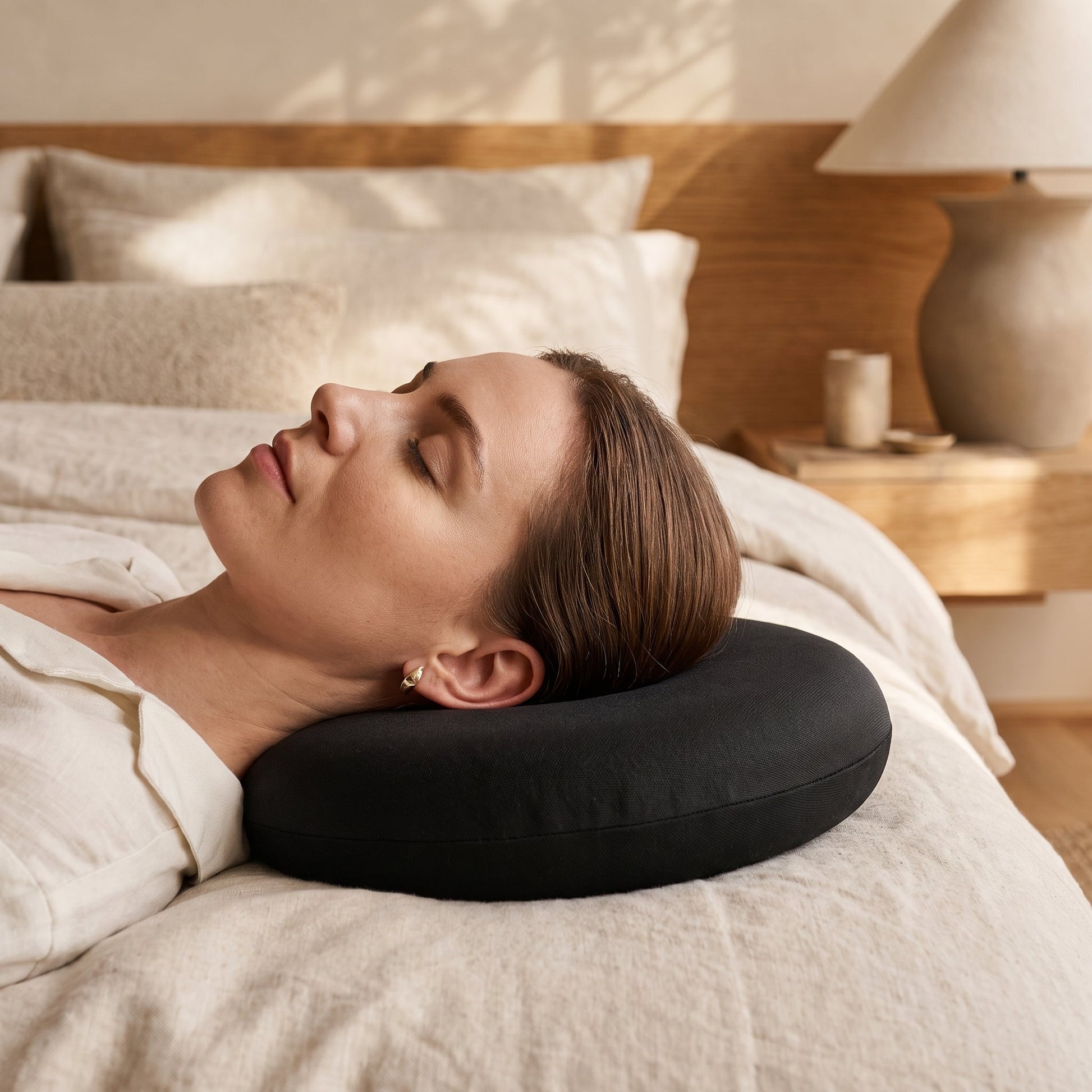 Side sleeper resting with her ear over the centre hole of the Ring™ Ear Relief Pillow