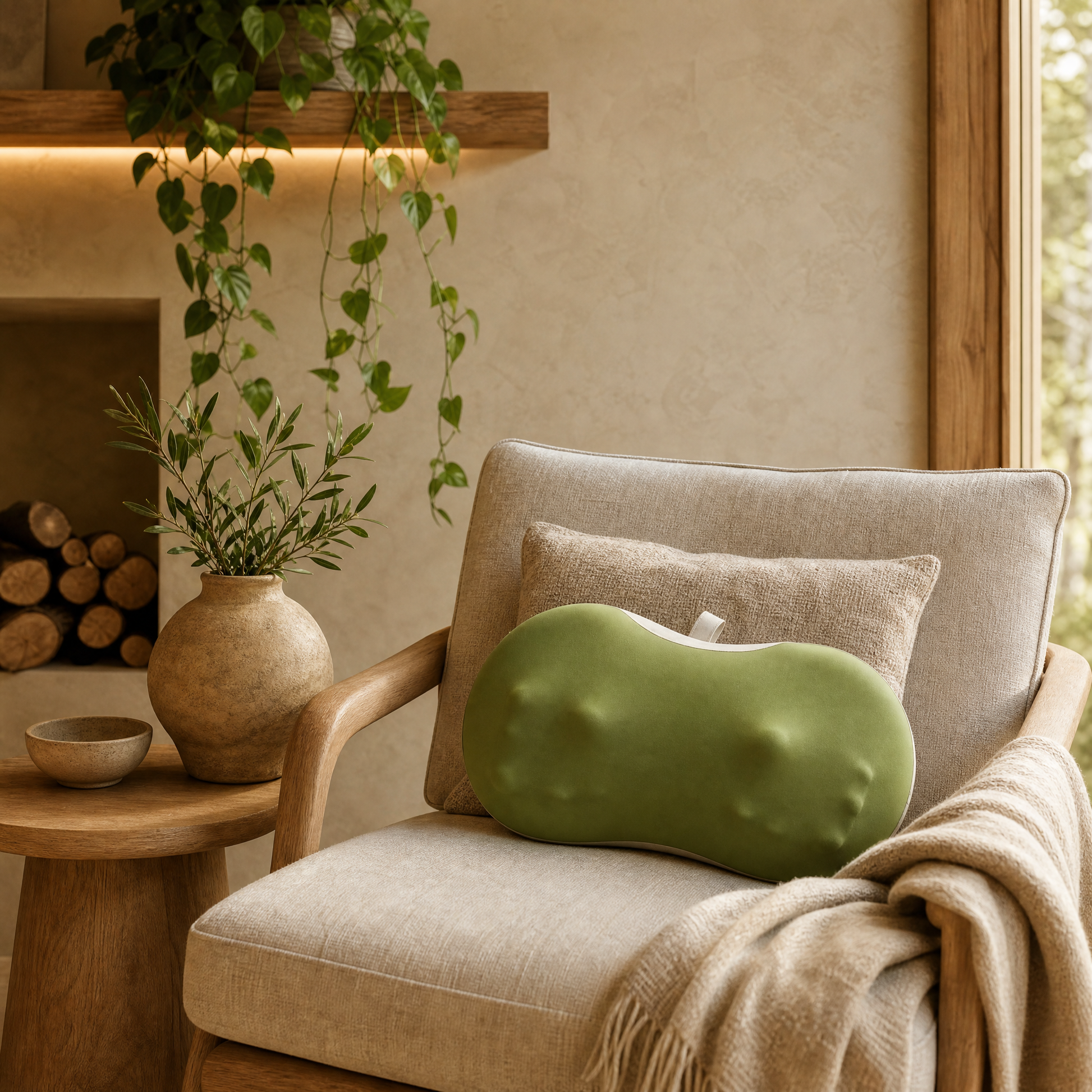 Knead massage pillow on linen armchair with throw