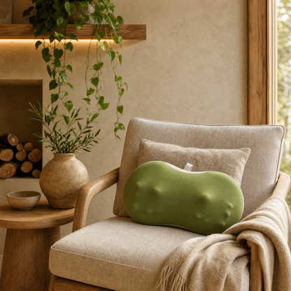 Knead massage pillow on linen armchair with throw