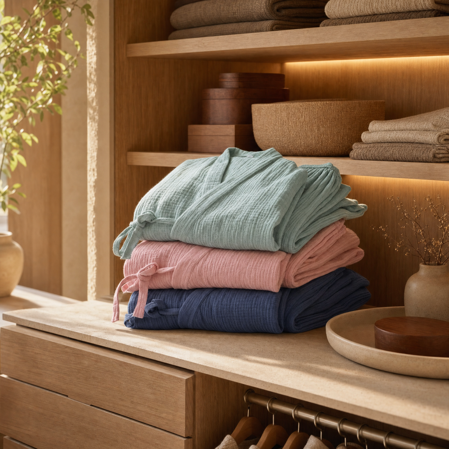 Sage, blush and navy kimono pajama sets folded in a closet