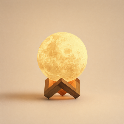 Luna moon night light glowing warm on beech cradle, warm cream backdrop