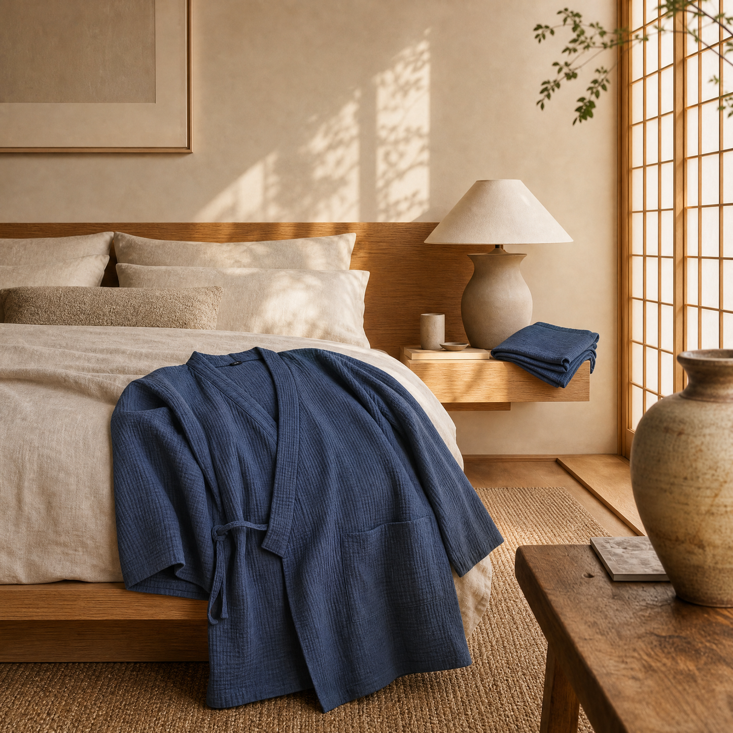 Navy kimono pajama set draped over the bed