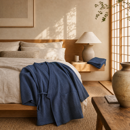 Navy kimono pajama set draped over the bed