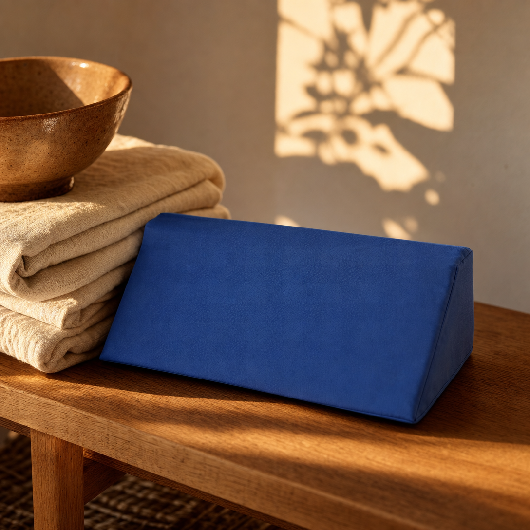 The CalmEden Anchor wedge on a wooden bench beside folded linens and a ceramic bowl