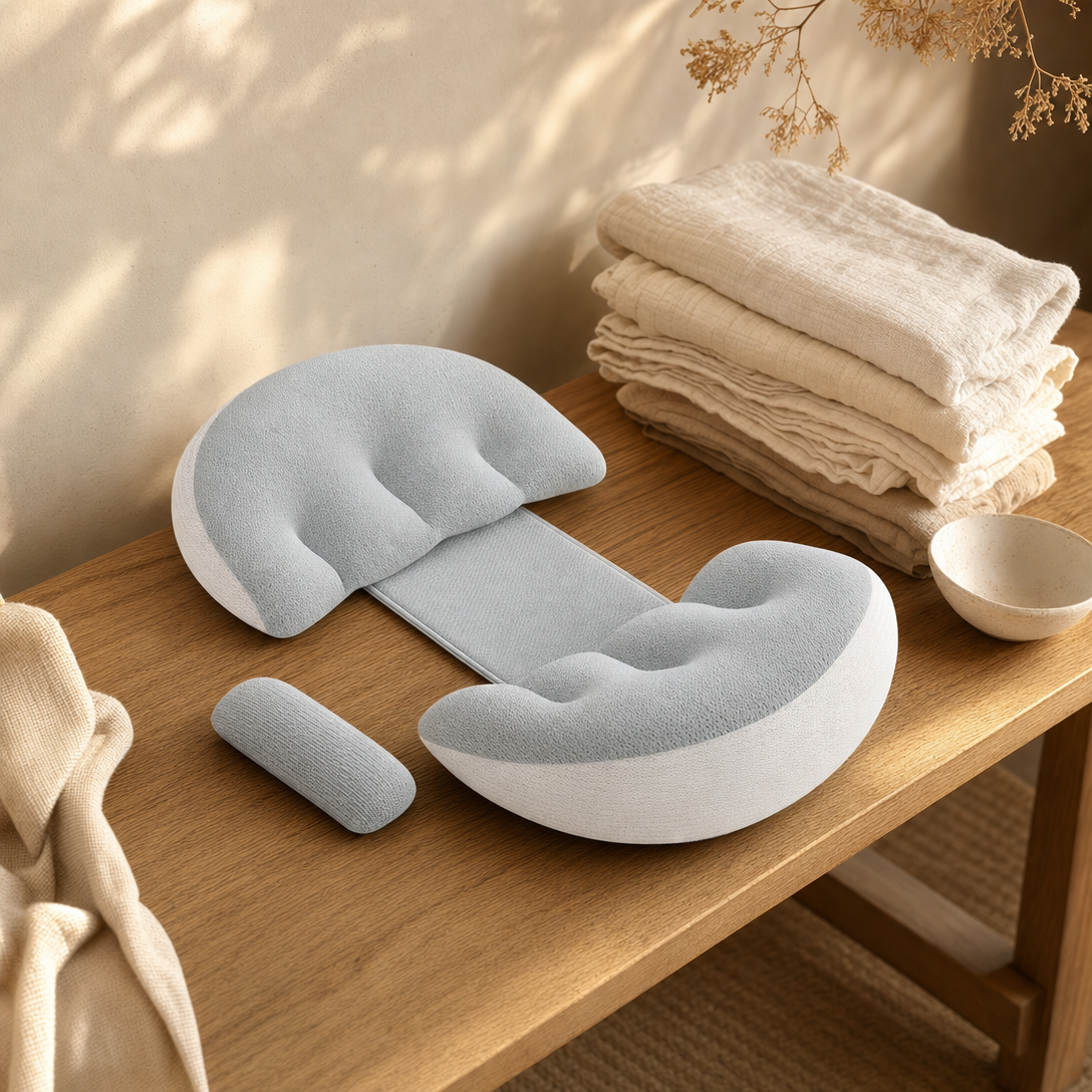 The CalmEden Bloom set and bonus bolster beside folded muslins on a wooden bench