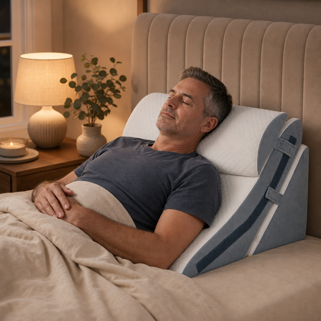 Man sleeping at a low incline on the CalmEden Terrace wedge system
