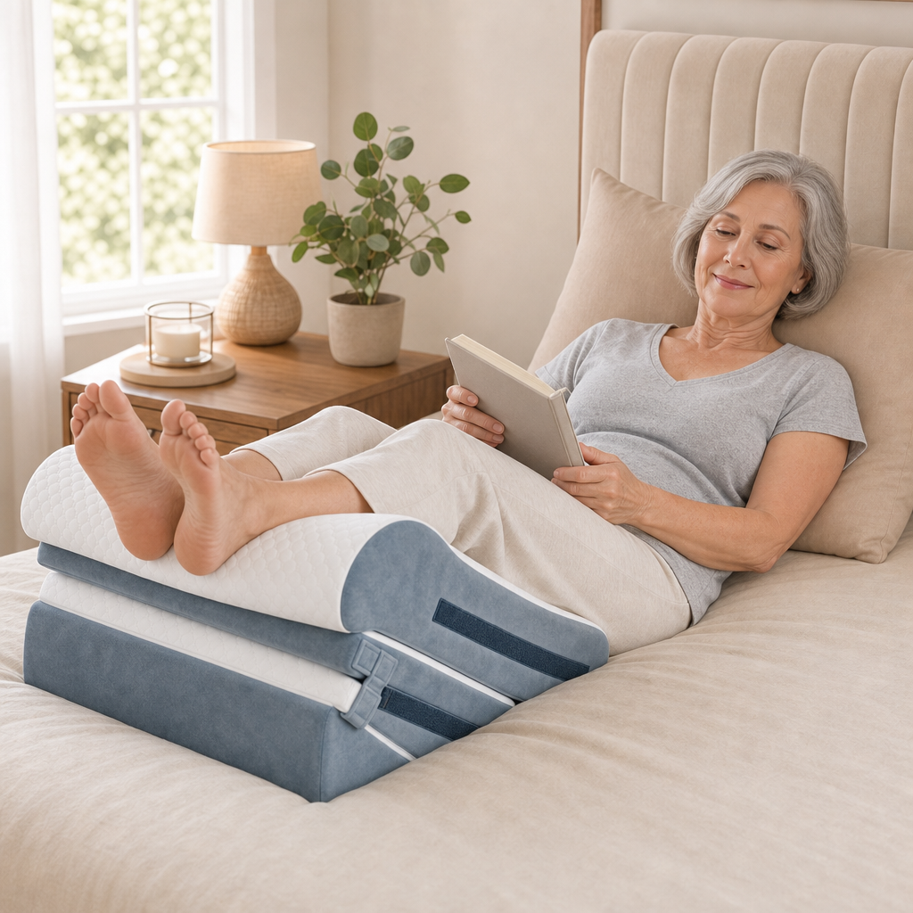 Woman reading with legs elevated on the CalmEden Terrace wedge system