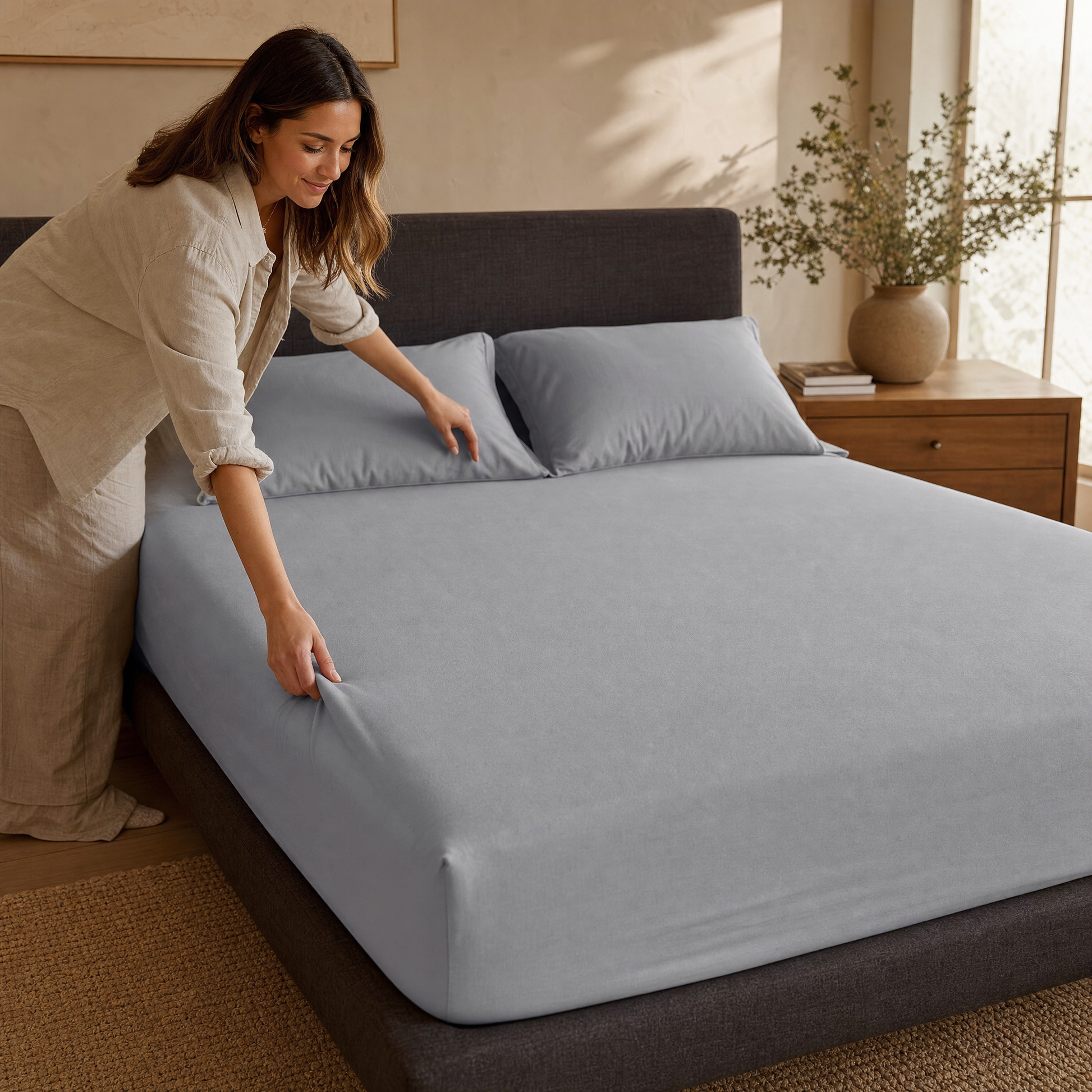 Woman making the bed with the Calm Eden Tuck fitted sheet