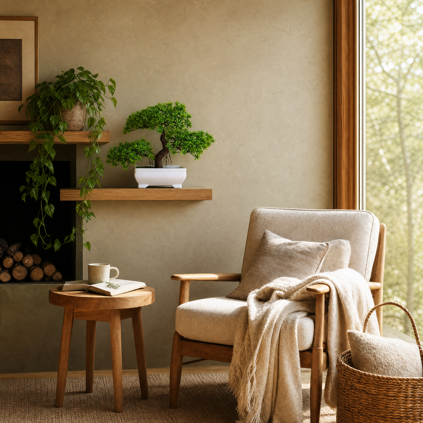 Faux bonsai on a floating oak shelf in the living room
