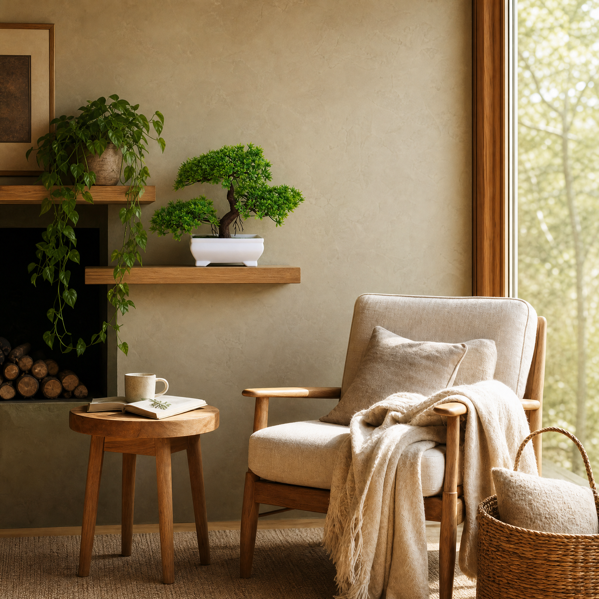 Faux bonsai on a floating oak shelf in the living room